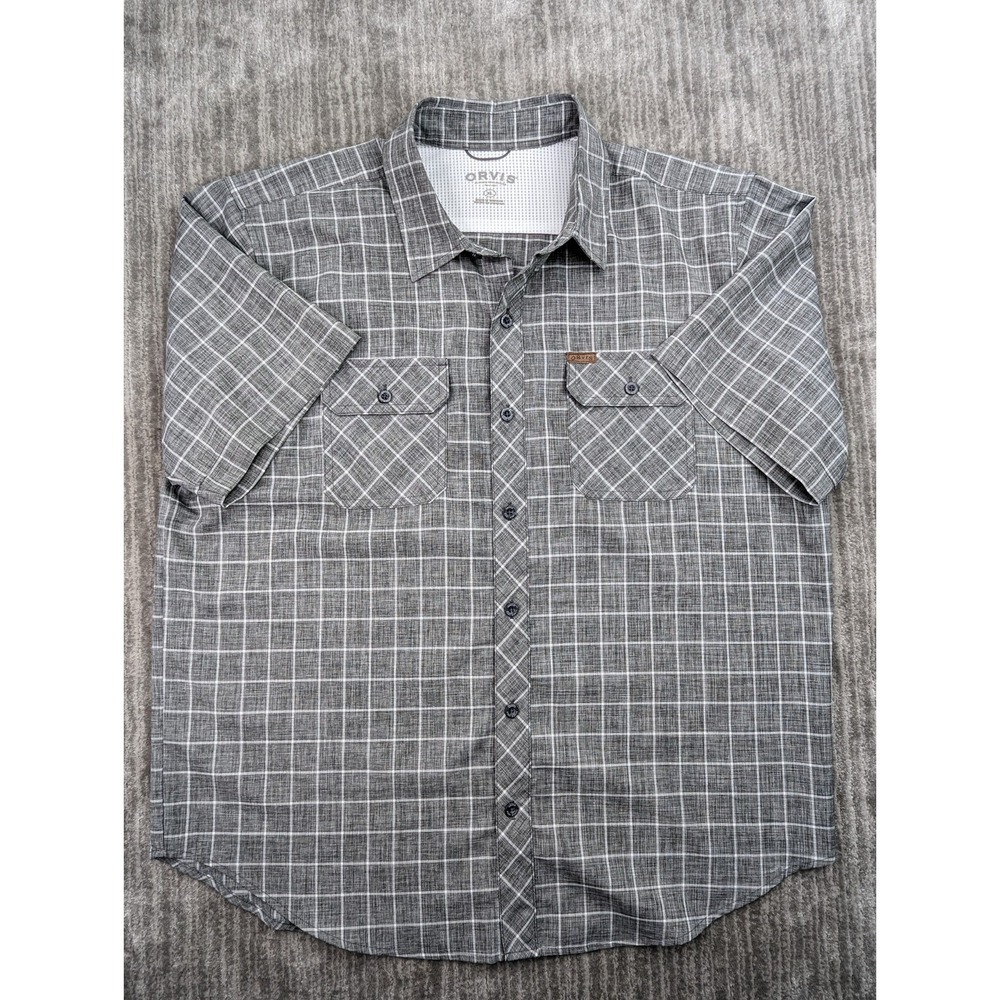 Orvis Gray Plaid Performance Outdoor Short Sleeve Button Up Shirt Men's XL Fish